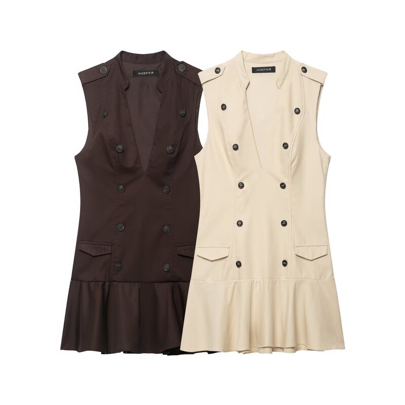 PB&ZA New Sexy Workwear Style Double-Breasted Pocketed Ruffle Hem Sleeveless Waist-Cinching Dress 5063228