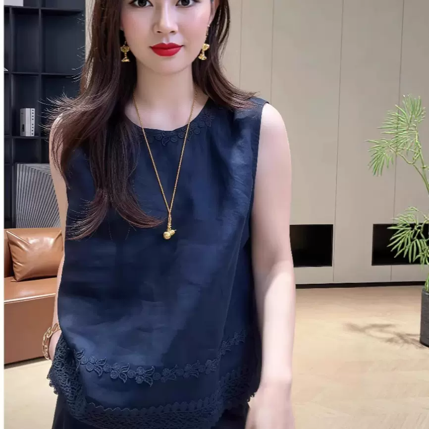 韩系感轻奢蕾丝花边刺绣无袖小衫女夏外穿马甲文艺风无袖上衣薄