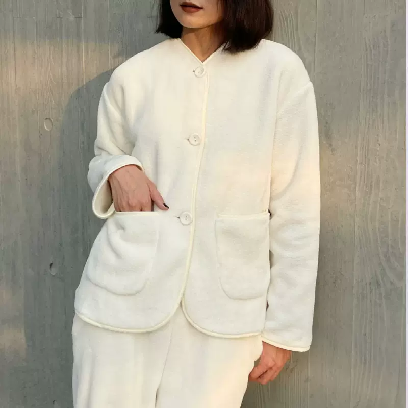 秋冬奶白V领无领女士暖棉绒宽松套装 美学简约长袖长裤家居服睡衣