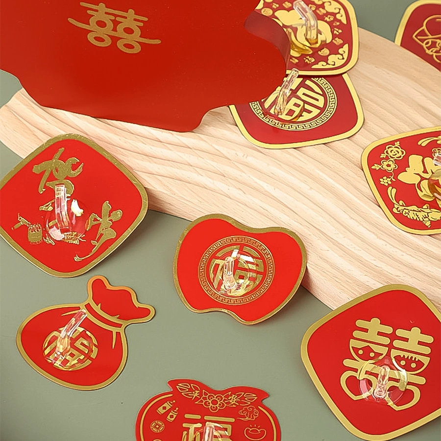 Новогодний крючок с надписью "Счастливого Нового года", акриловый, прочный, без перфорации, китайский красный, свадебный, благословляющий, бесшовный, на клеевой основе