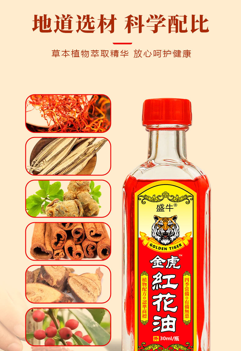 Jin Hu Hong Hua You Medicated Oil External Analgesic Liniment for Massage and Muscle Discomfort 30ml specifications