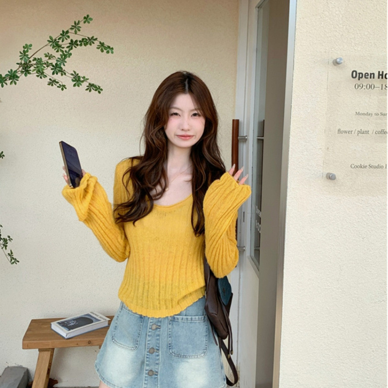高级感甜辣新款修身显瘦慵懒风短款打底上衣女潮ins风针织毛织衫|undefined