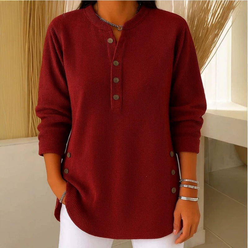 2025 Cross-Border European and American Autumn and Winter New Corduroy Solid Color Loose Casual V-Neck Button Long-Sleeved Women's Top T-Shirt 2025 Cross-Border European and American Autumn and Winter New Corduroy Solid Color Loose Casual V-Neck Button Long-Sleeved Women's Top T-Shirt