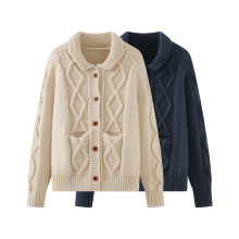 B1YUE-55331双口袋针织毛衣2025秋冬新款复古翻领单排扣宽松开衫