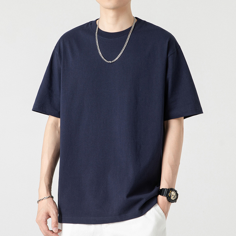 네이비 블루 - 솔리드 컬러 반소매 - 면 100%