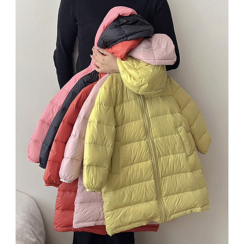 2023秋冬新款兒童連帽羽絨服中長款保暖糖果色白鴨絨外套一件代發