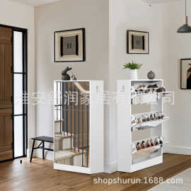 来图定制白色3层镜面超薄大容量鞋柜家用落地收纳柜全身镜鞋架