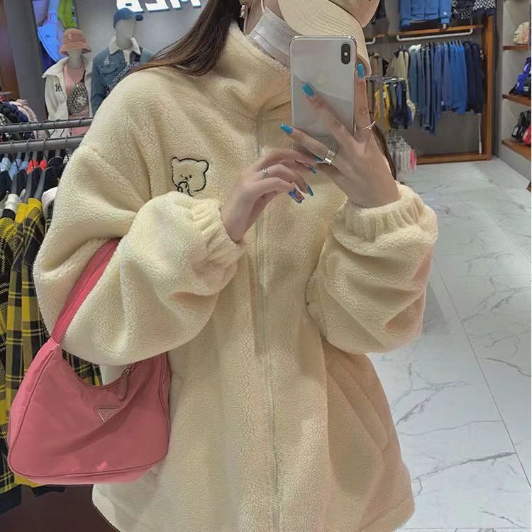 가을과 겨울 새로운 느슨한 칼라 양가죽 코트 여성 서양식 올 매치 스웨트 셔츠 귀여운 스위트 베어 봉제 탑