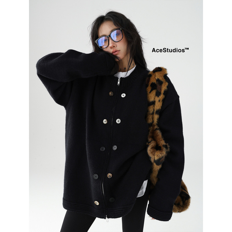 2632#Acestudios 慵懒风宽松基础黑色针织开衫双排扣拉链毛衣外套|undefined