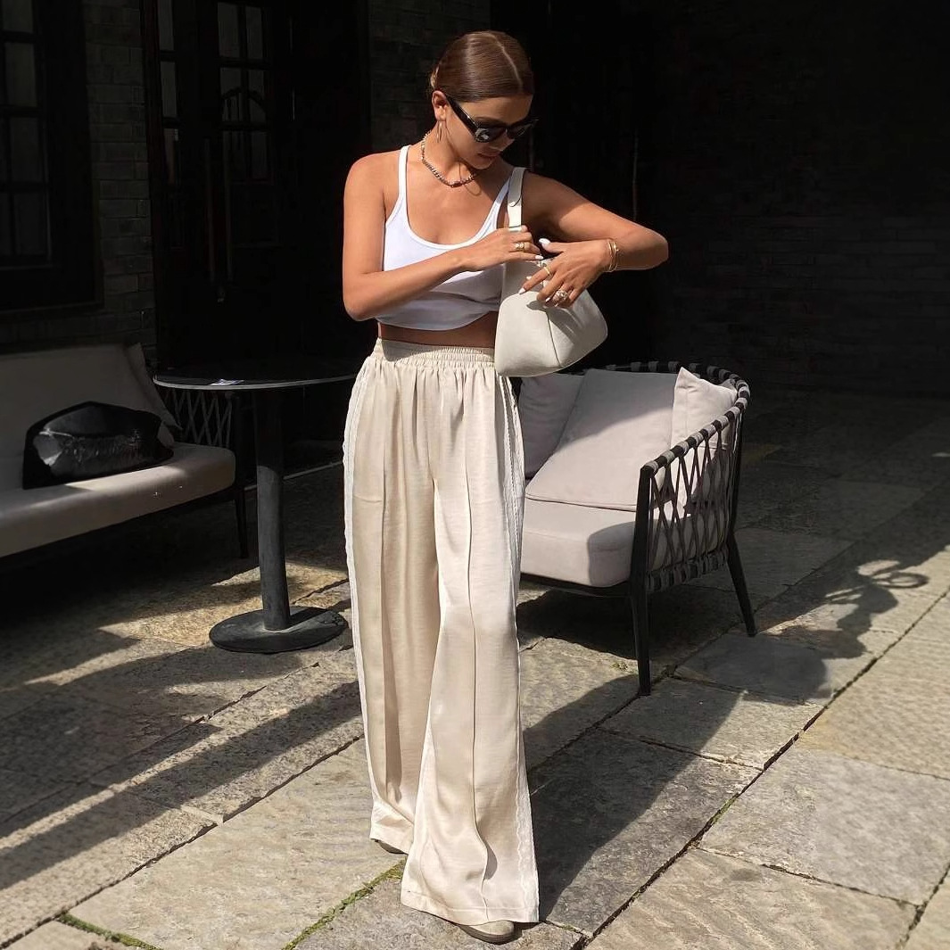 Apricot-Colored Ice Silk Pants for Women, Summer Thin High-Waisted Straight-Leg Floor-Length Pants, Casual Lace Spliced Wide-Leg Pants