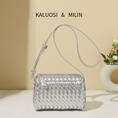小眾銀色包包女輕奢高級質感簡約風全皮編織小方包單肩斜挎枕頭包
