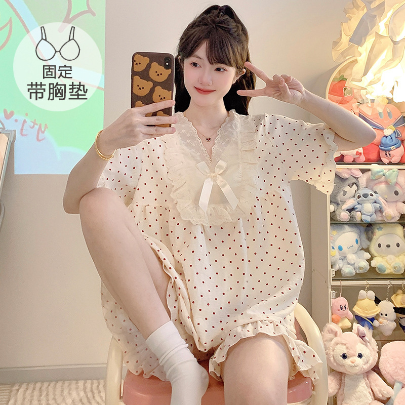 Plus Size 100kg Women's Short-Sleeved Shorts Pajamas Princess Style Summer Cloud Cotton with Chest Pads for Fat Girls Home Wear