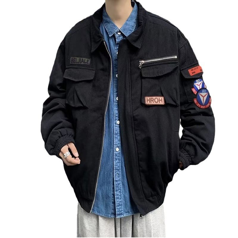 Chaqueta suelta de traje de trabajo de aviador retro americano para hombre, chaqueta de solapa de primavera y otoño