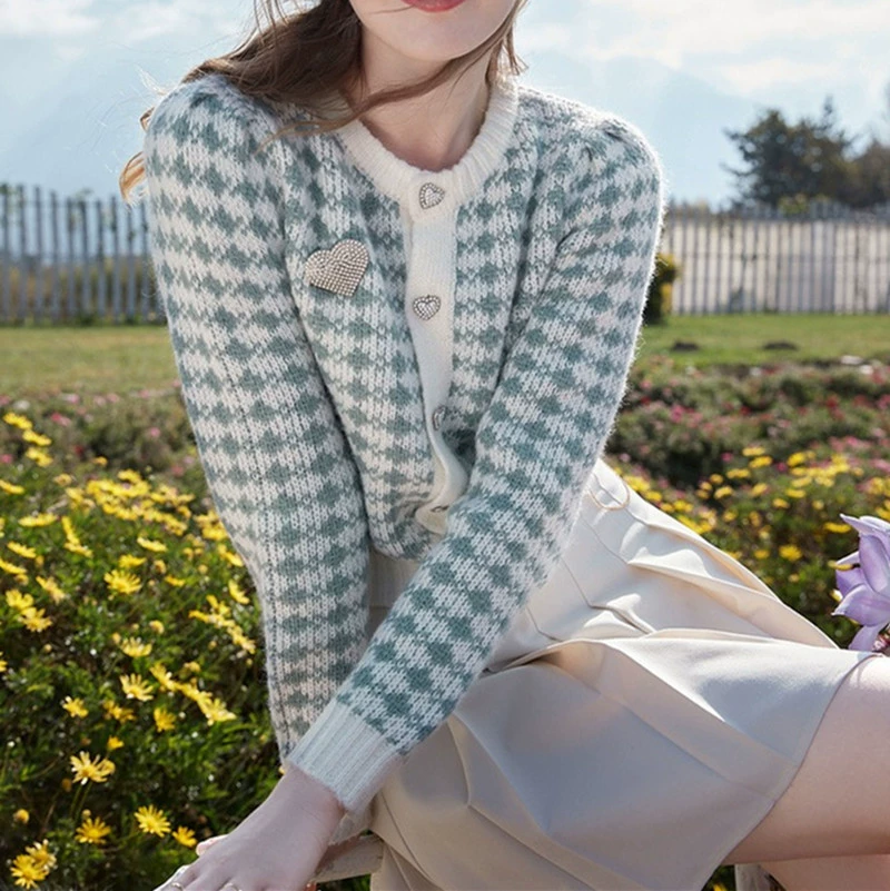 Новинка весны и осени 2021, короткий кардиган с круглым вырезом, клетчатый трикотаж с узором «гусиные лапки», трикотажная куртка, женская ароматный стиль