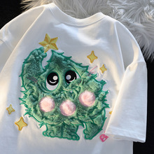 美式史迪仔短袖女款夏季重工植绒刺绣衣服情侣宽松纯棉落肩t恤潮