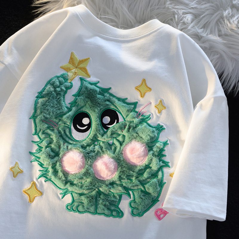 美式史迪仔短袖女款夏季重工植绒刺绣衣服情侣宽松纯棉落肩t恤潮