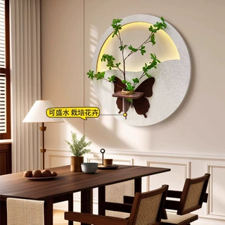 奶油风餐厅装饰画2025新款饭厅墙面圆形挂画带水培花朵立体墙壁画