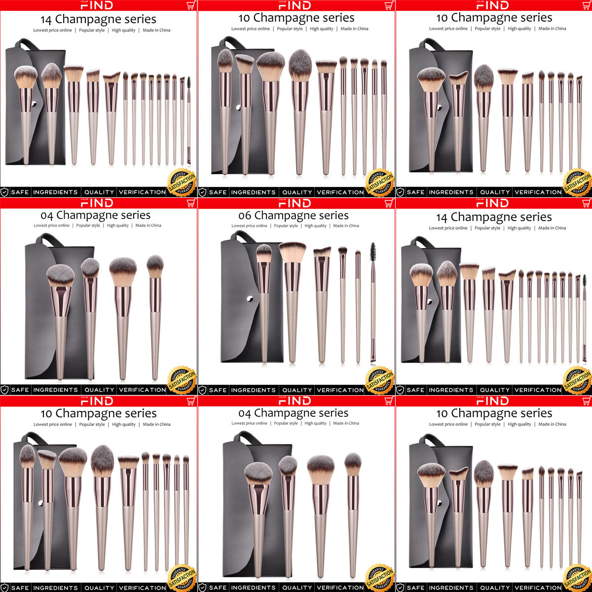 Juego de brochas de maquillaje color champán de 1 pieza, 4 piezas, 10 piezas, 14 piezas con bolsa, 10 piezas para venta transfronteriza, dropshipping, directo de fábrica.