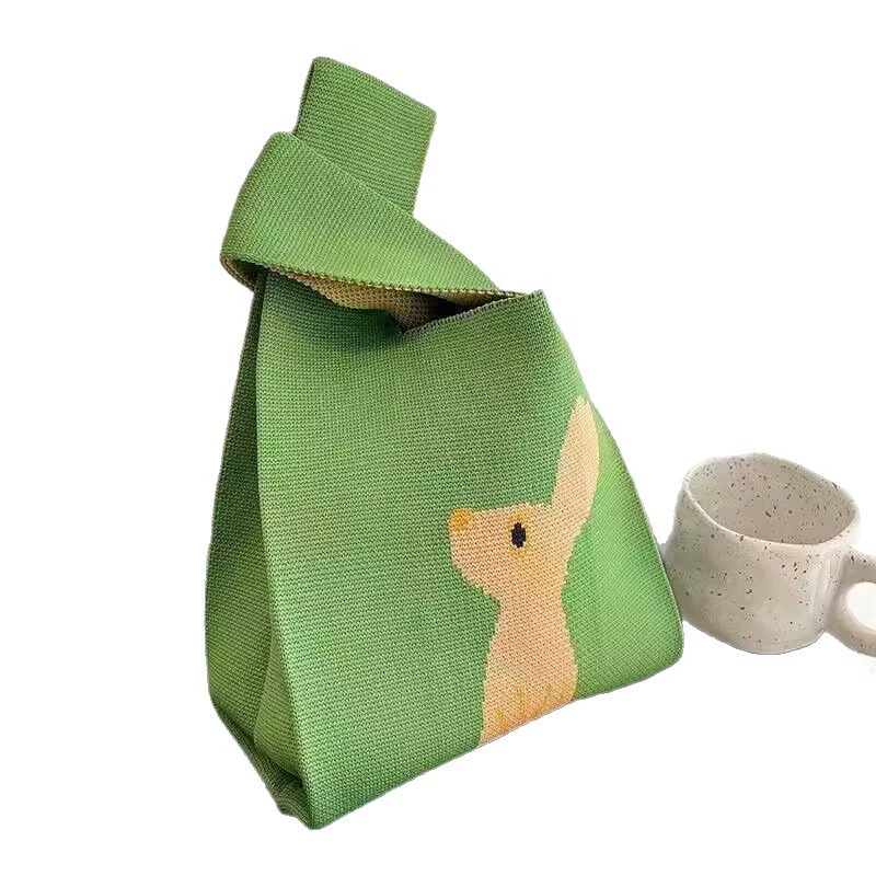 knitted shoulder bag, small handheld organizer purse, rabbit/kangaroo motif, lightweight