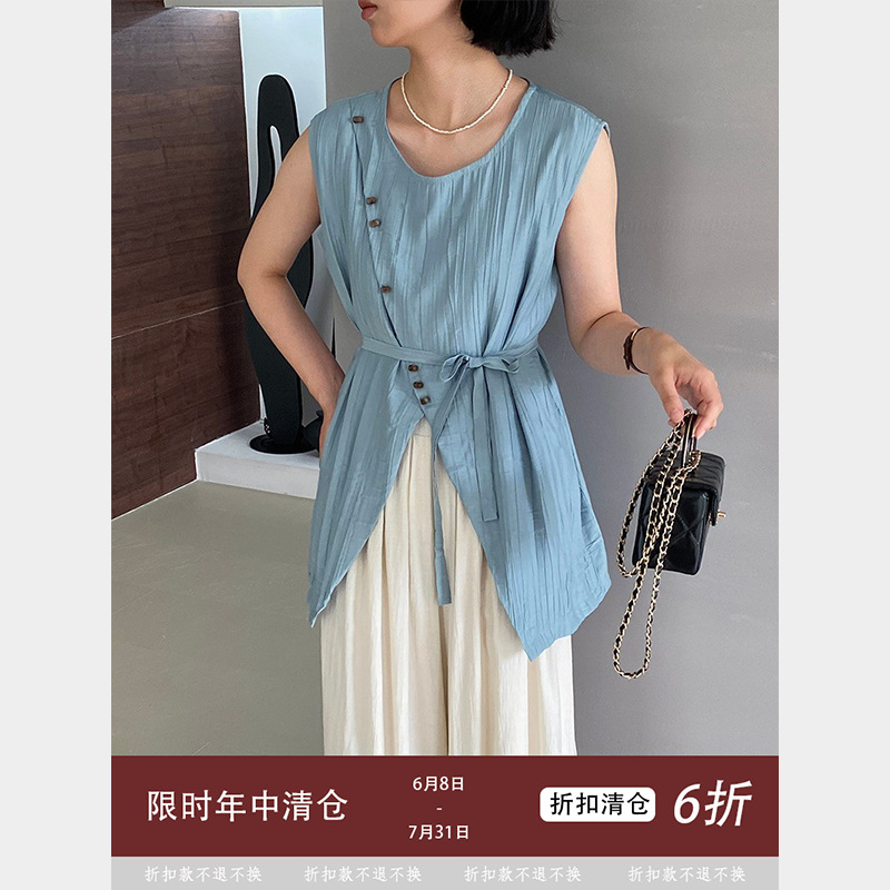 【Non-Returnable】Jiangzuo Relaxed Style Front Slit Irregular Tie Sleeveless Top for Women Summer 1122 【Non-Returnable】Jiangzuo Relaxed Style Front Slit Irregular Tie Sleeveless Top for Women Summer 1122
