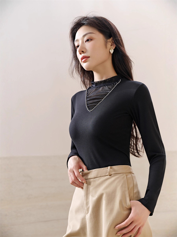 2025半高领设计感抽褶洋气长袖女t恤秋冬新款修身内搭打底衫|undefined
