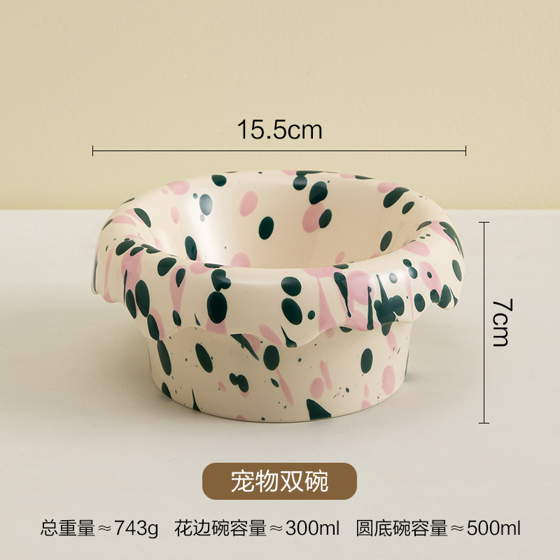 ins泼墨气泡宠物双碗护颈防打翻猫食盆釉下彩陶瓷猫咪饭碗宠物碗|undefined
