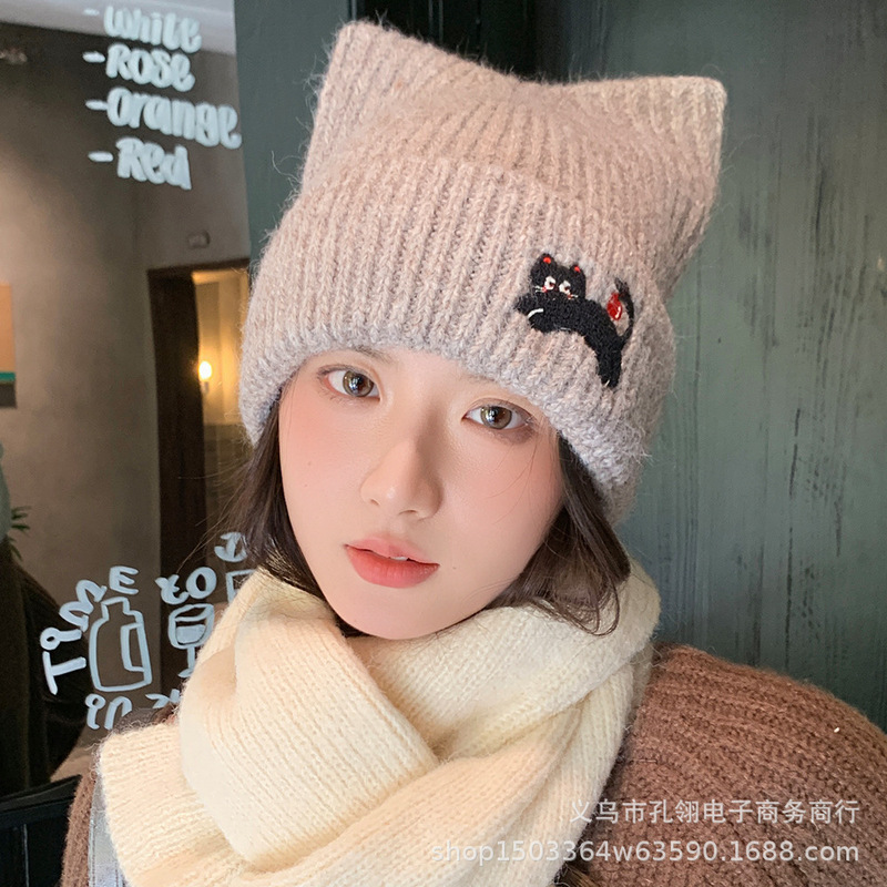 黑色针织帽女日系甜美小猫刺绣毛线帽秋冬保暖显脸小猫耳朵套头帽|undefined