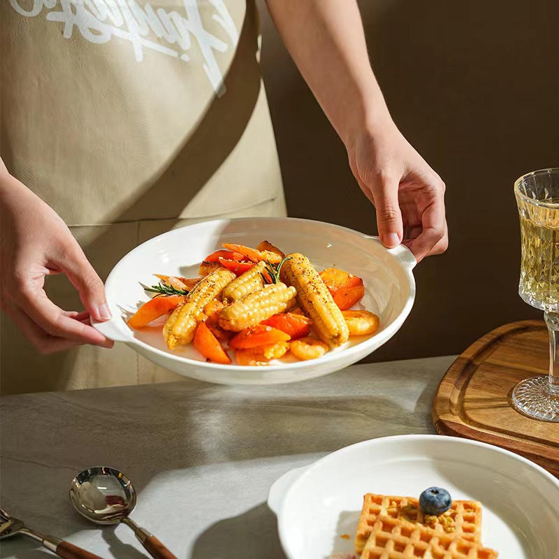 白色双耳深盘家用菜盘8英寸汤盘深口碟子炒菜盘子鲍鱼盘批发