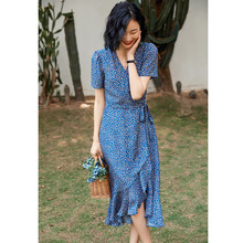 真丝连衣裙高级感女25夏v领泡泡袖大牌碎花桑蚕丝短袖裙子茶歇裙