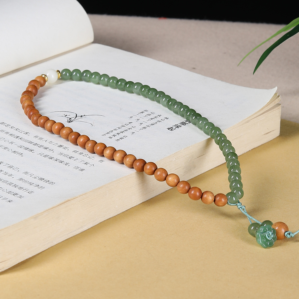 Sandalwood Bamboo Beads with Dongling Stone Jade Double Circle Bracelet Vintage Lotus Pendant Good Luck Handheld Rosary Beads
