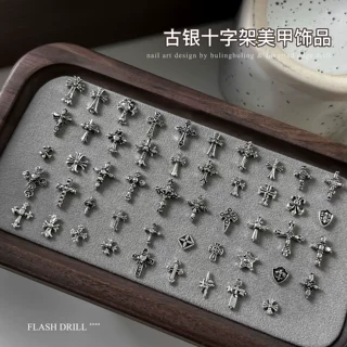 新款古银十字架合金美甲饰品复古朋克风立体金属指甲装饰品钻批发