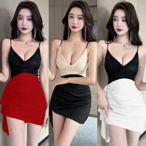 V-neck low cut women's slim fitting lace patchwork for slimming and irregular hip wrap dress with suspender straps