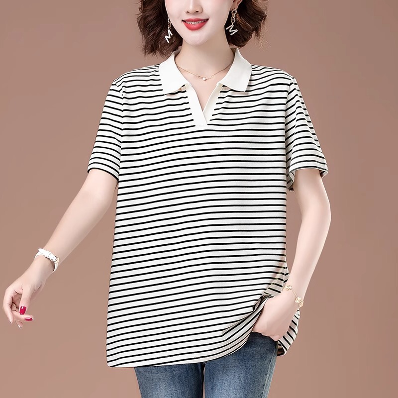 女性用純綿半袖Tシャツ、ゆったり大きいサイズ、ファットmm、ミドル丈ラペルトップ、おしゃれな年齢軽減中年ママ夏服|undefined