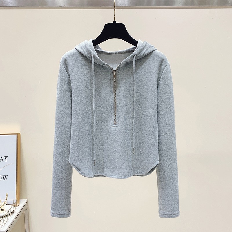 连帽长袖拉链T恤女2022春夏新款时尚韩版百搭显瘦短款网红卫衣潮|ms