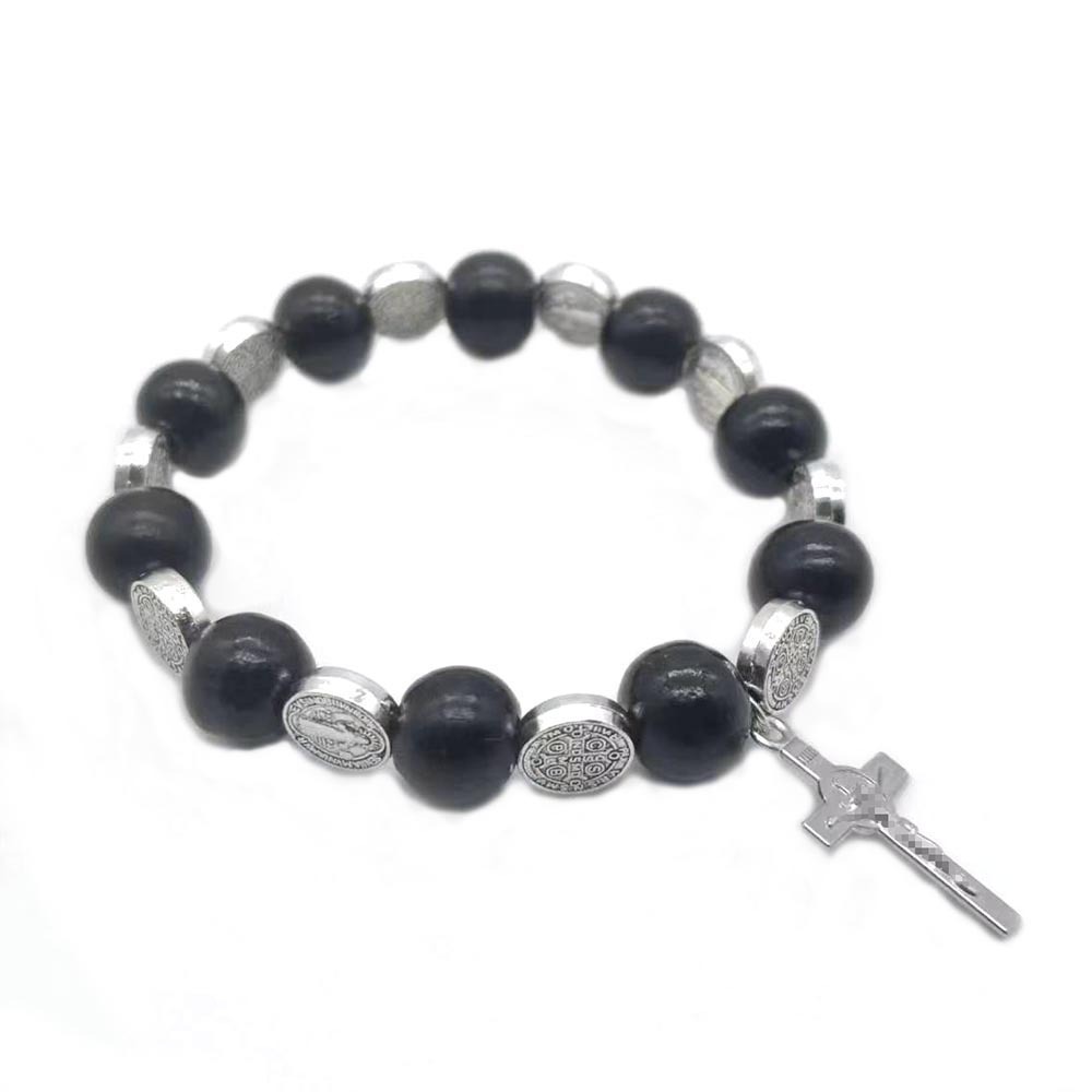 Foreign Trade Amazon Hot Cross Rosary Bracelet Wooden Beads for Men and Women Stretch Beaded Jewelry