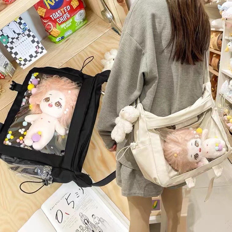 일본 투명 배지 통증 가방 새로운 대용량 와이드 로프 크로스 바디 백 3 사용 단일 어깨 소녀 솔리드 컬러 플립 백