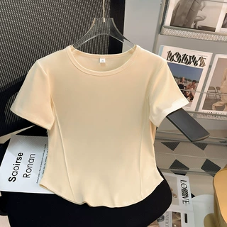 纯棉短袖T恤女正肩显瘦鱼骨小衫夏2024新款计感小众欧货修身体恤