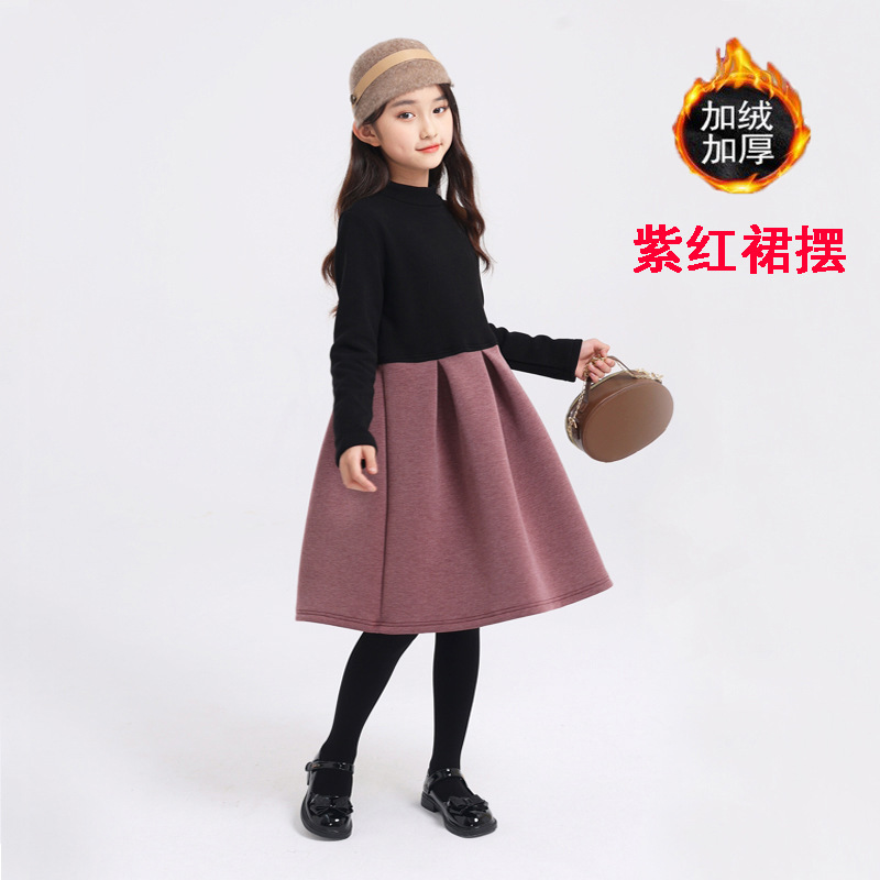 Nuevo vestido de las niñas PRIMAVERA/otoño e invierno forrado de lana estilo coreano cálido de manga larga para niños medianos y grandes mullido vestido de princesa
