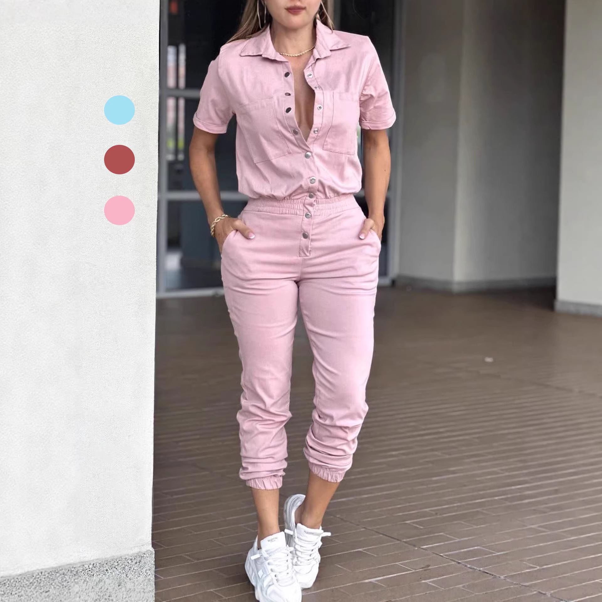 Cross-border Amazon Casual Fashion Women's Foot-toe Jumpsuit Lapel Pocket Waist Elasto Button Jumpsuit