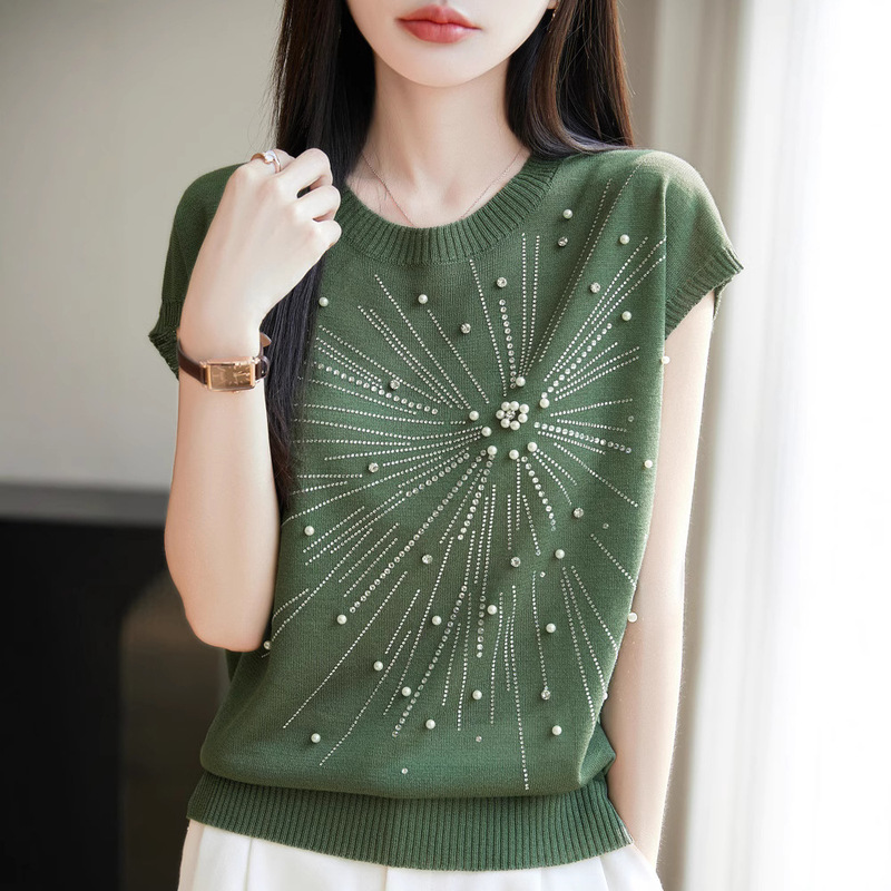 2025 New Outfit Sleeveless Short-sleeved T-shirt T-shirt Top Stacked Vest Women's Summer Sweater Round Neck Fine Imitation Wool