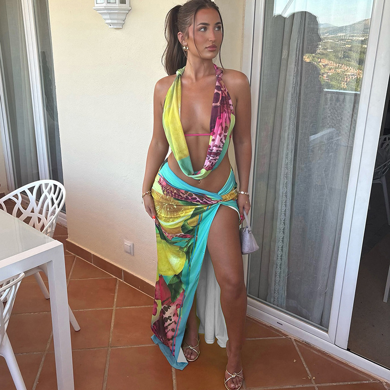 Women's Fashion Sexy Halter Neck Backless Top And Slit Skirt Set Summer New Style_ecoleips.com