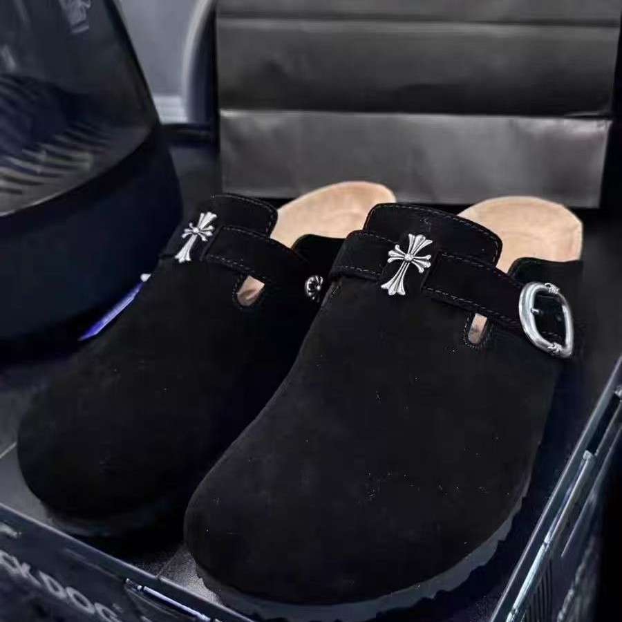 克罗伈联名博肯包头拖半拖2025新款十字架真皮平底男女同款拖鞋潮