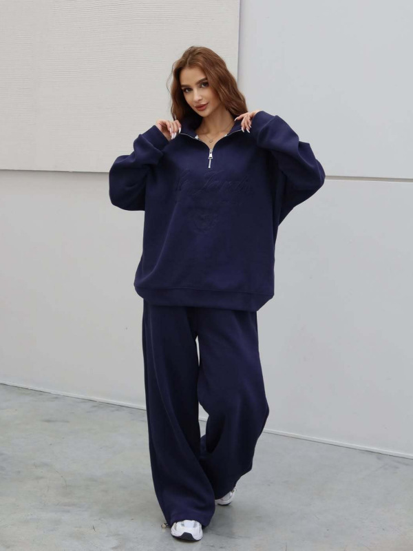 半拉链设计卫衣套装两件套字母刺绣长袖上衣外套女休闲高腰运动裤|undefined