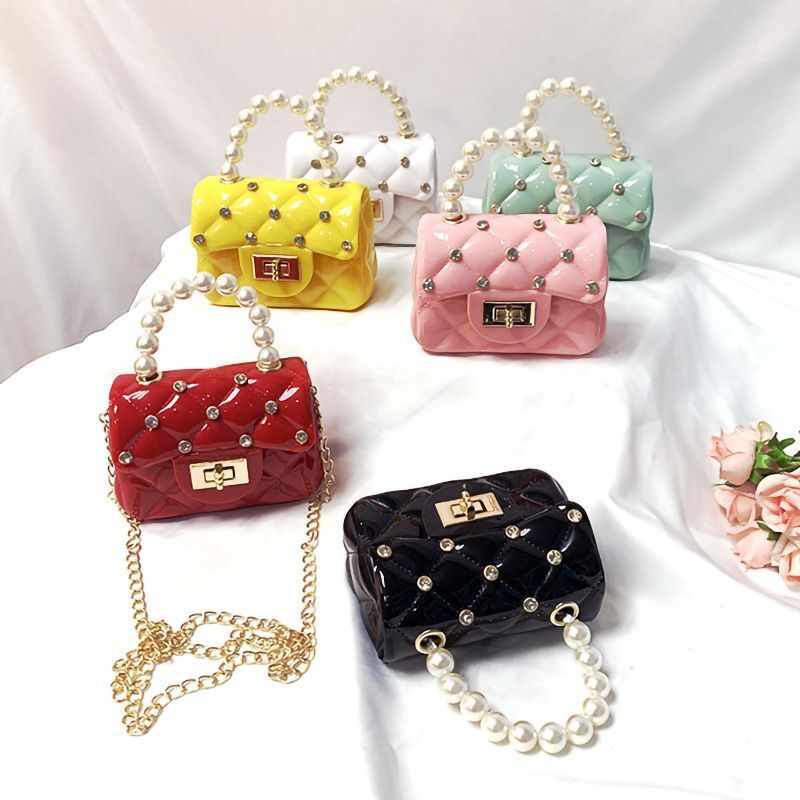 Mini bolso de cadena estilo perlas y rombos, diseño pequeño y de gelatina – bandolera de moda 2021, venta exterior.
