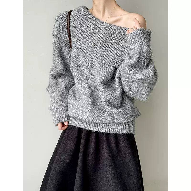 橘芷秋冬新款韩系慵懒风一字肩羊毛针织宽松上衣气质毛衣827-1