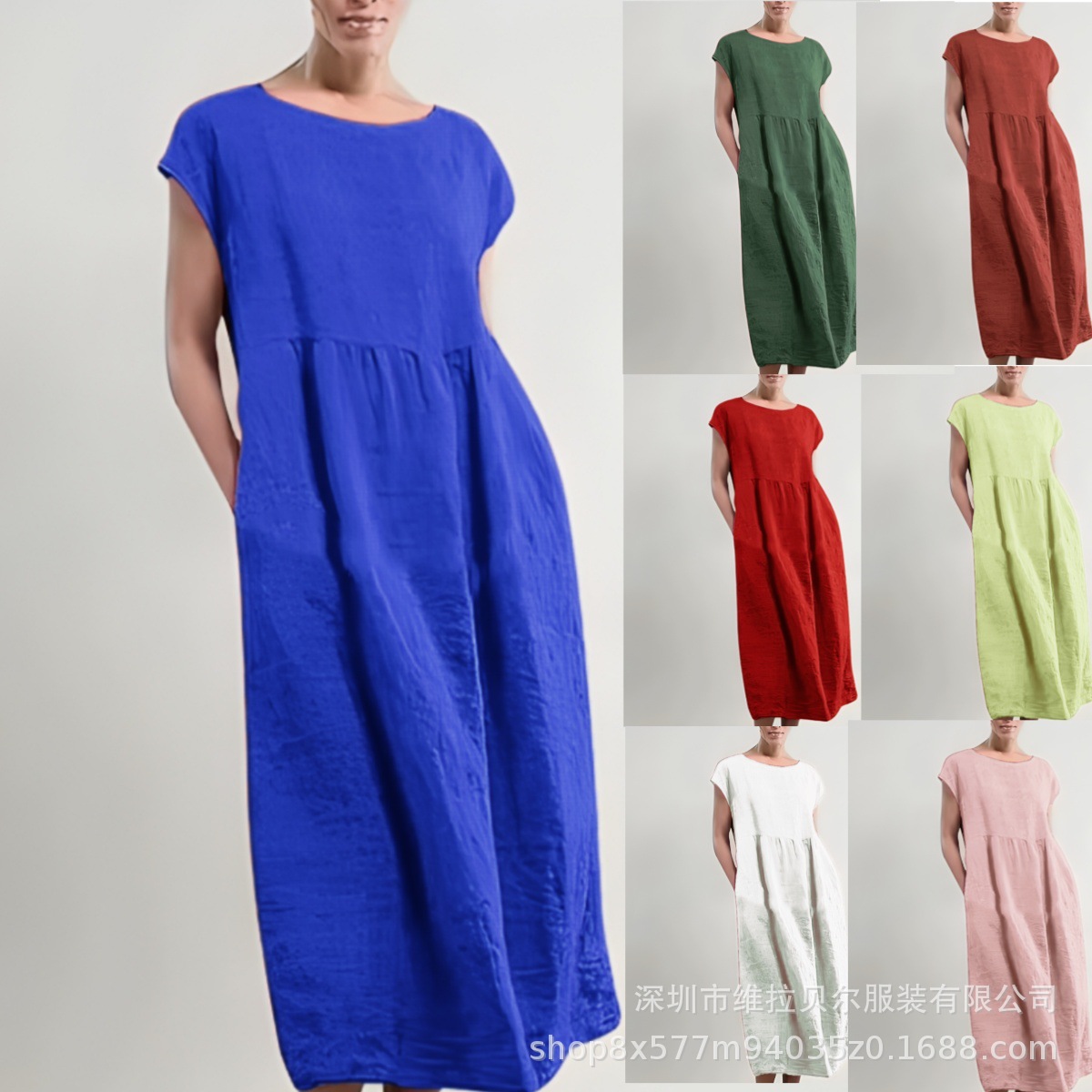Same-Day Shipping New Model Cross-Border European and American Amazon Solid Color Sleeveless Loose Cotton-Linen Dress with Pockets for Women