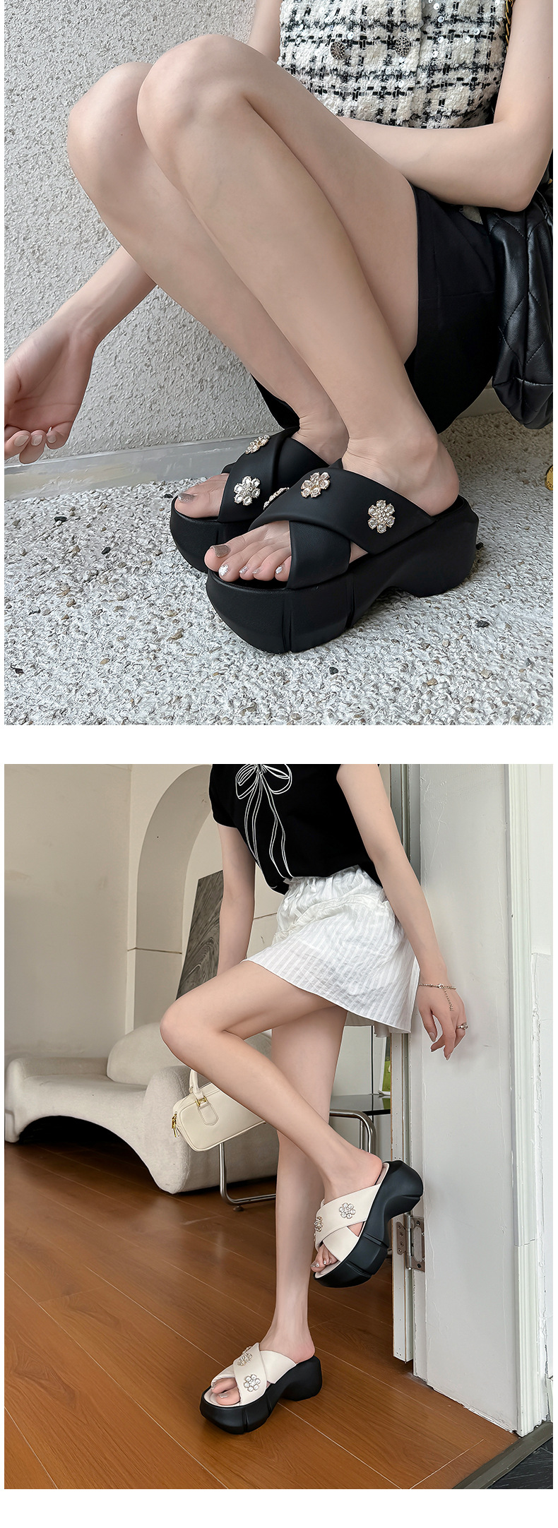 Dép sandal cao gót nữ quai chéo đính đá, đế platform dày, gót 9 cm — Màu đen, Màu trắng be chi tiết 12