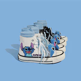 跨境外贸人气卡通图案学生高帮设计感小众黑色帆布鞋鞋男女潮流鞋