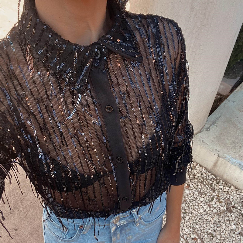2024 Spring and Summer New See-Through Shirts for Women European and American Style Cross-Border Women's Lapel Long-Sleeved Sequin Tassel Tops Shirts