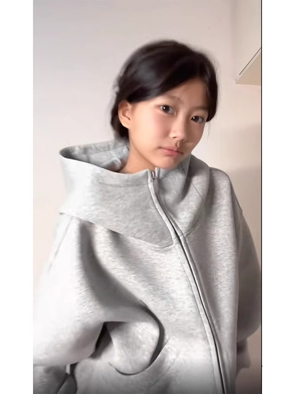 美式高街潮牌灰色高领连帽卫衣女春秋宽松高级感休闲情侣百搭外套|undefined